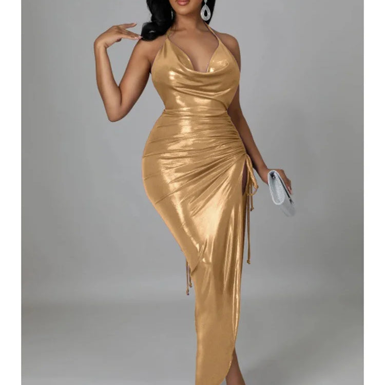 Wmstar Party Dresses Women Christmas Slip Draped V Neck Sexy Luxury Elegant Maxi Dress Birthday Outfits Wholesale Dropshipping Khaki