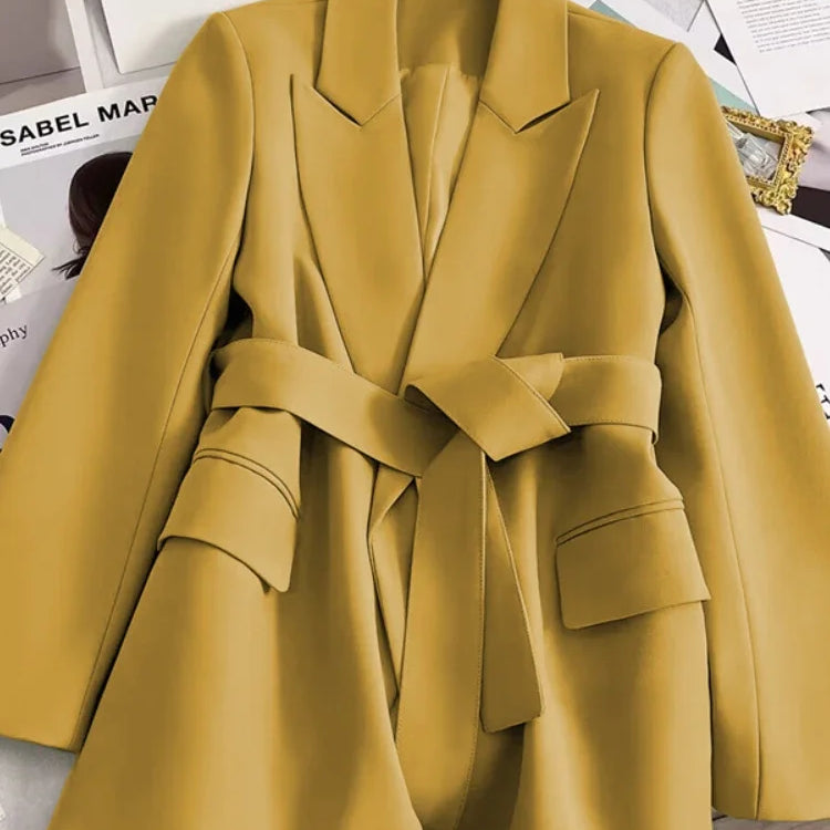 Spring New in Women's Blazer Belt Slim Fitting Temperament Fashion Small Suit Top for Women Commuting Korean Version Suit Jacket Yellow