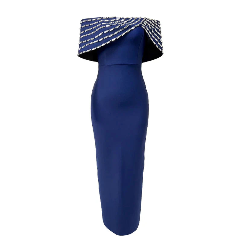 Blue Color Women Sexy Slash Neck Off the Shoulder Shinning Crystal Bodycon Long Bandage Dress Elegant Evening Party Outfit