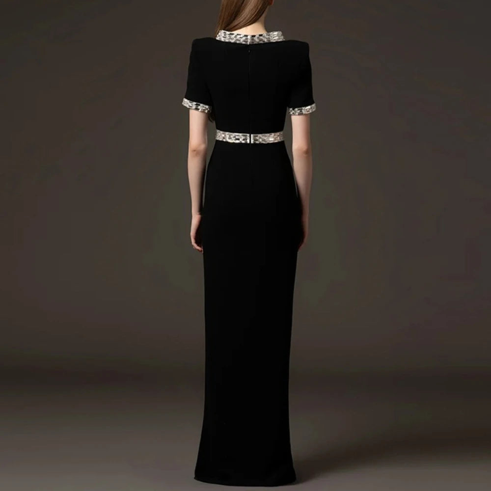 TWOTWINSTYLE Solid Spliced Bead Elegant Dresses for Women V Neck Short Sleeves High Waist Patchwork Split Long Dress Female New