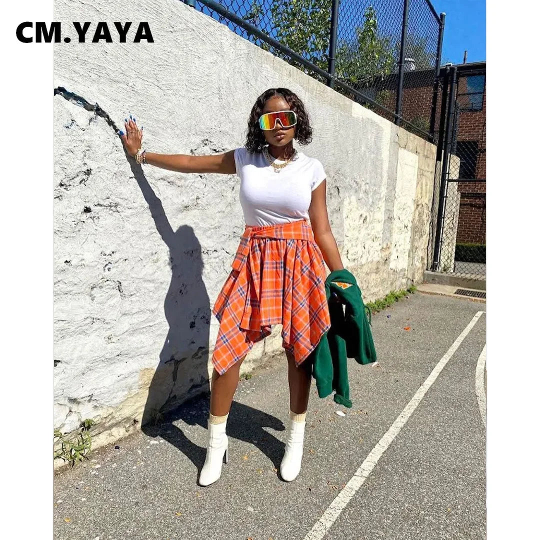 CM.YAYA Women Plaid Irregular High Waist Knee Length Skirts 2022 Summer Holiday Streetwear Sleeve Wrapped Lace Up Waist Skirt Orange