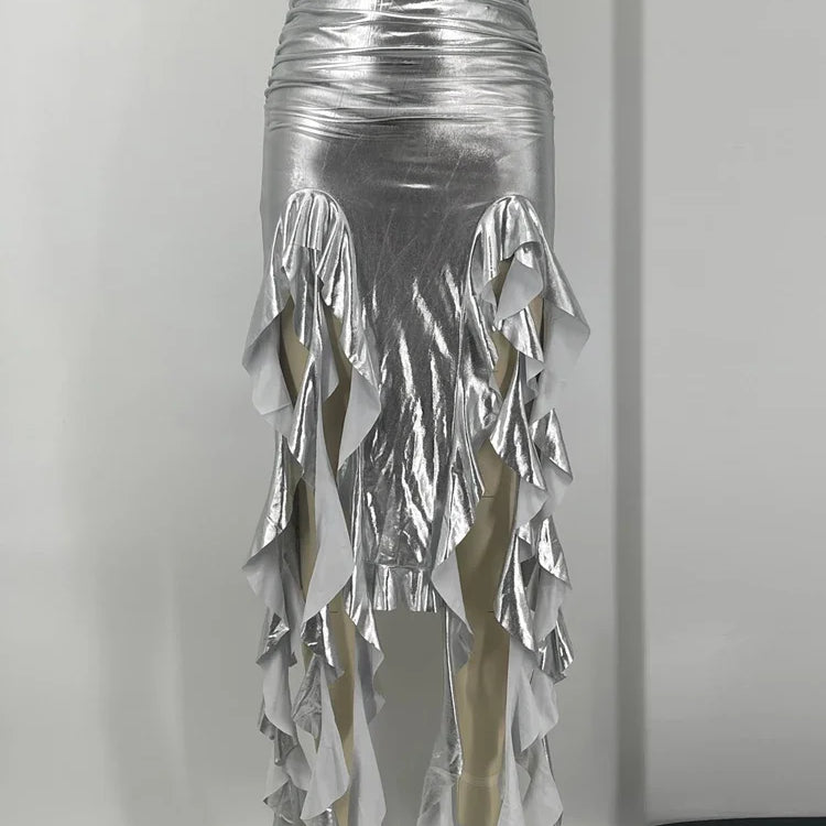 Tossy Tassel Summer Female Long Skirt Ruffled High Waist Broken High Split Fashion Pleated Sexy Solid Patchwork Maxi Skirt 2023