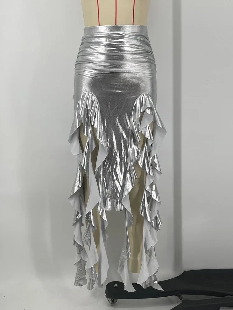 Tossy Tassel Summer Female Long Skirt Ruffled High Waist Broken High Split Fashion Pleated Sexy Solid Patchwork Maxi Skirt 2023