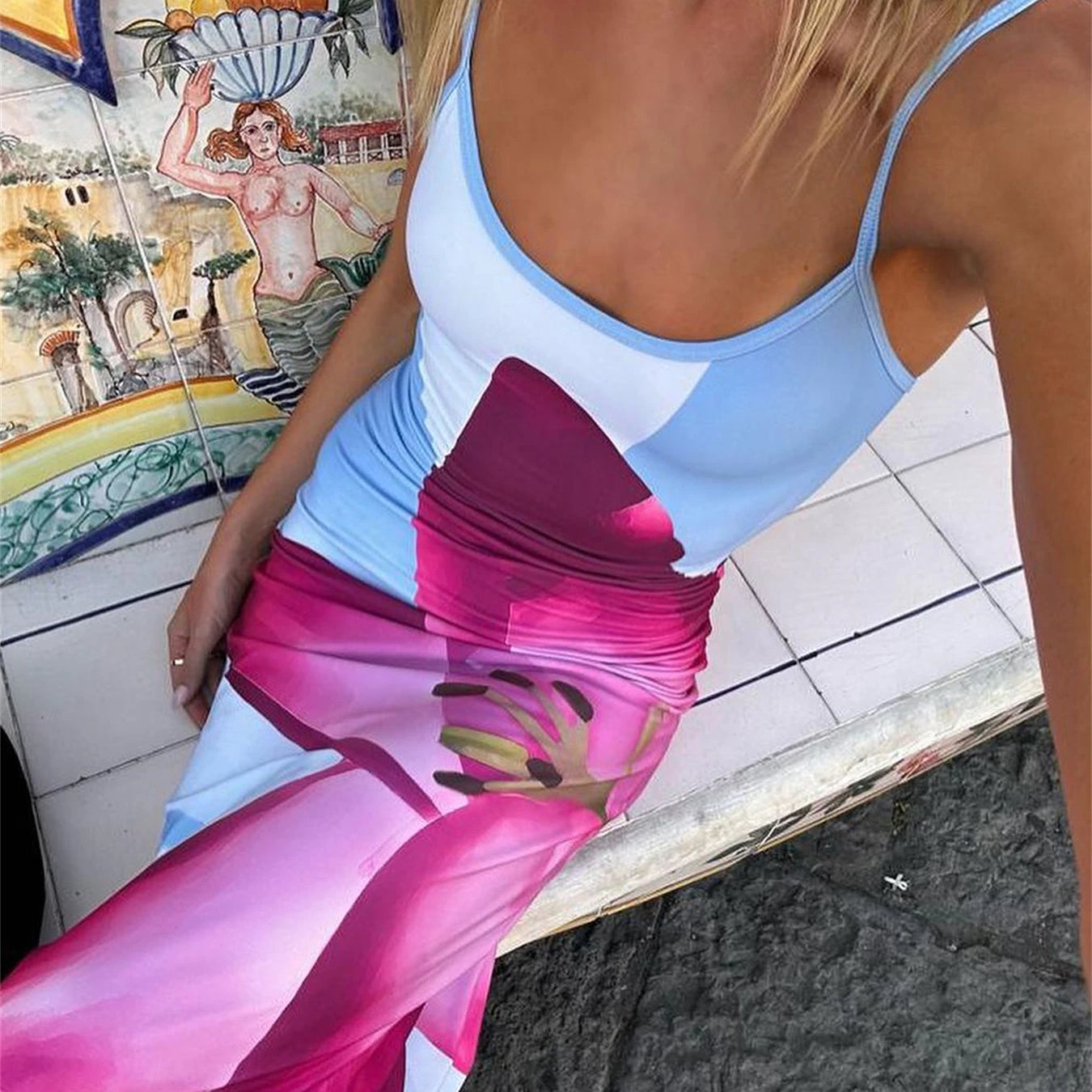 Tossy Spaghetti Strap Lily Floral Slip Dress Summer Casual Printed Maxi Dresses Backless Bodycon Slim Boho Long Sundress