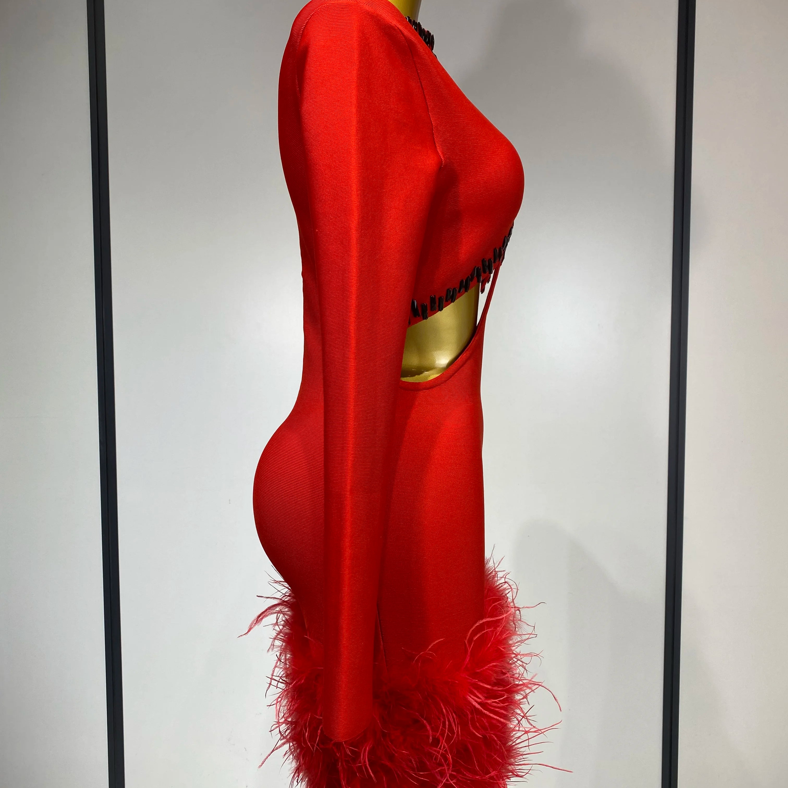 Women Sexy Cut Out Long Sleeve Beading Feather Red Mini Bandage Dress Celebrity Elegant Evening Party Luxury Birthday Dresses