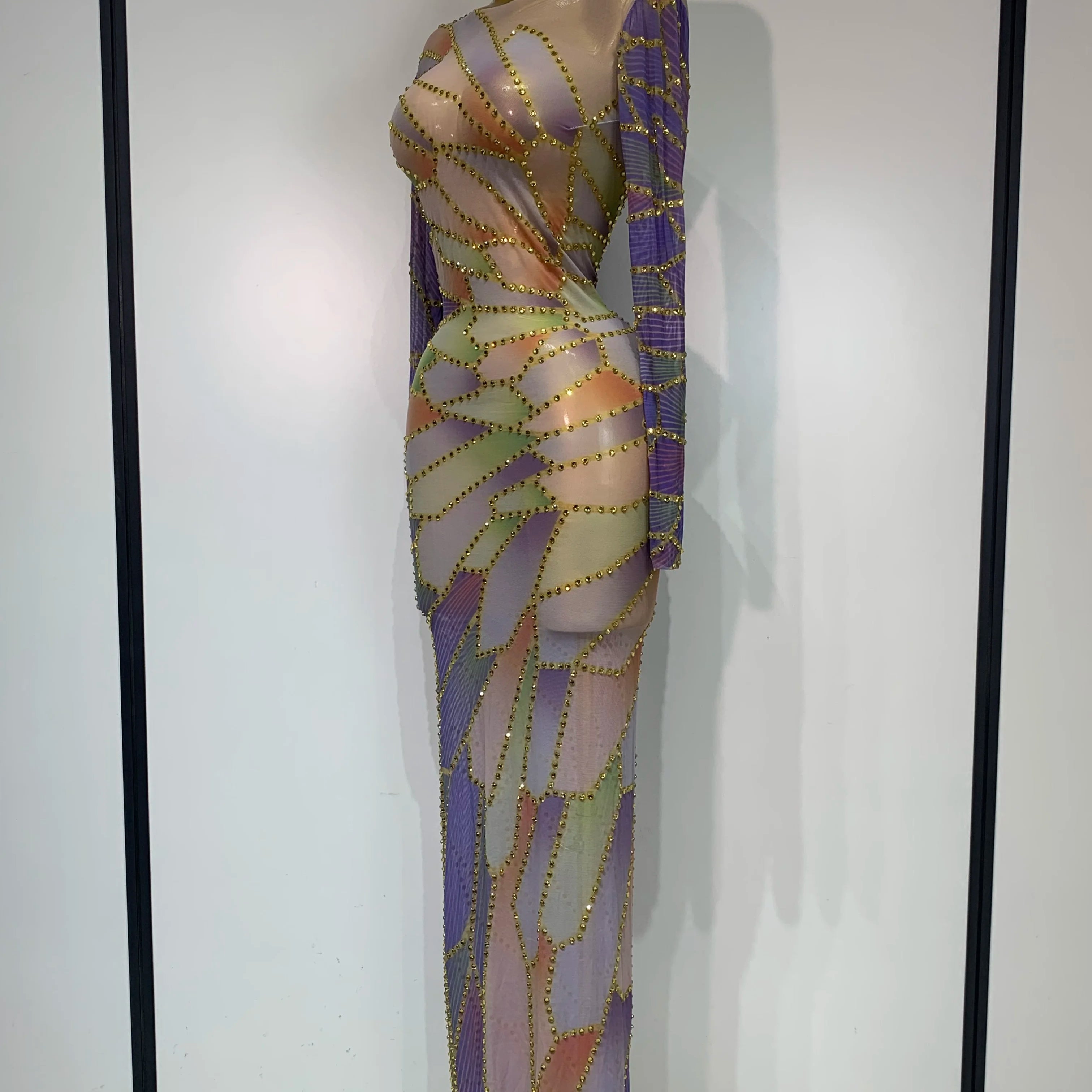 Sparkly Rhinestone Stretchy Mesh See Through Dress Women 2025 Performance Dancer Costume Luxury Birthday Nightclub Stage Outfit