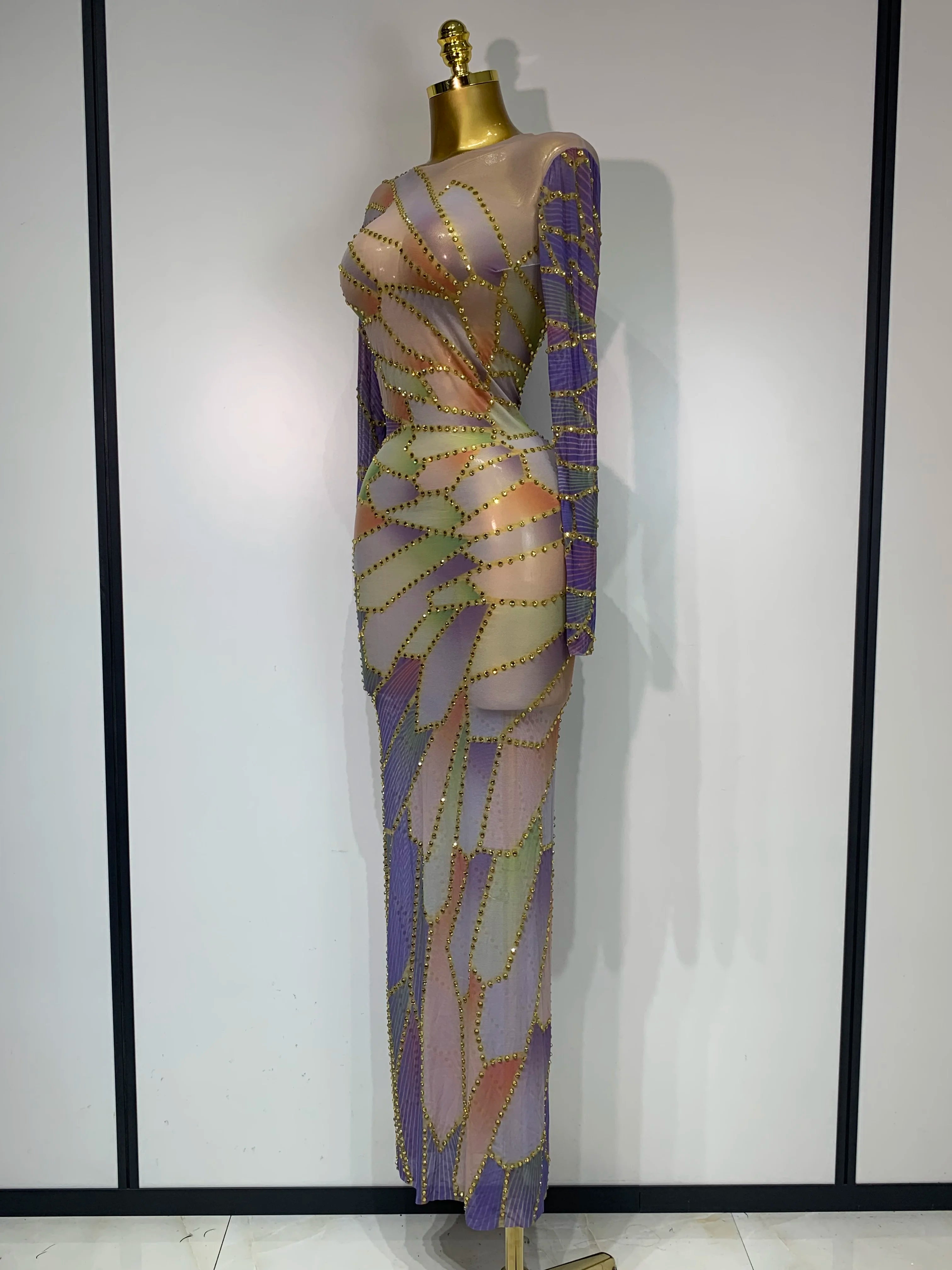 Sparkly Rhinestone Stretchy Mesh See Through Dress Women 2025 Performance Dancer Costume Luxury Birthday Nightclub Stage Outfit