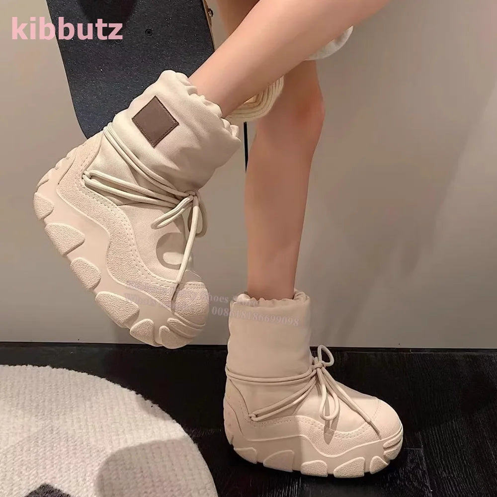 Thick Bottom Snow Ankle Boots Round Toe Height Increasing Lace-Up Fur Mixed Color Winter Warm Fashion Cute Style Women Shoes New