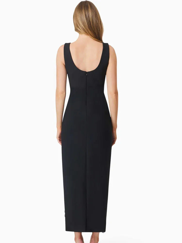 Women Celebrity Sexy Tank Sleeveless Diamonds Black Ankle Length Bodycon Bandage Dress 2025 Elegant Evening Club Party Outfit