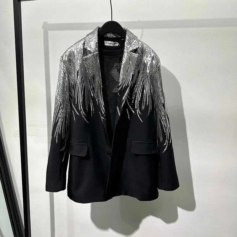 TWOTWINSTYLE Solid Spliced Sequins Elegant Jackets for Women Lapel Long Sleeves Patchwork Single Breasted Jacket Female Fashion