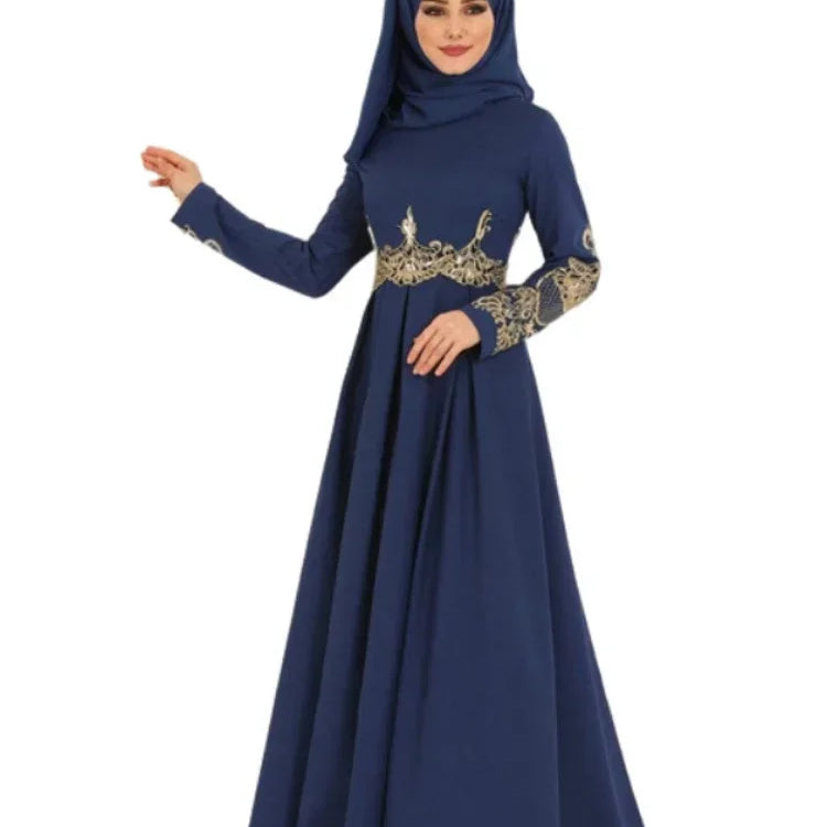 New In Women Dress NO Scarf Elegant Muslim Islam Abaya Embroidered Elastic Falbala High Waist Slim Party Robe Swing Robe Dresses Blue