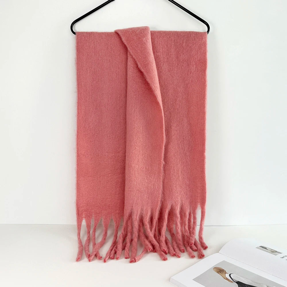 Winter Warm Scarf Women Girl Fashion Solid Color Shawl Stole Faux Cashmere Bandana for Lady 210*40cm Deep Pink