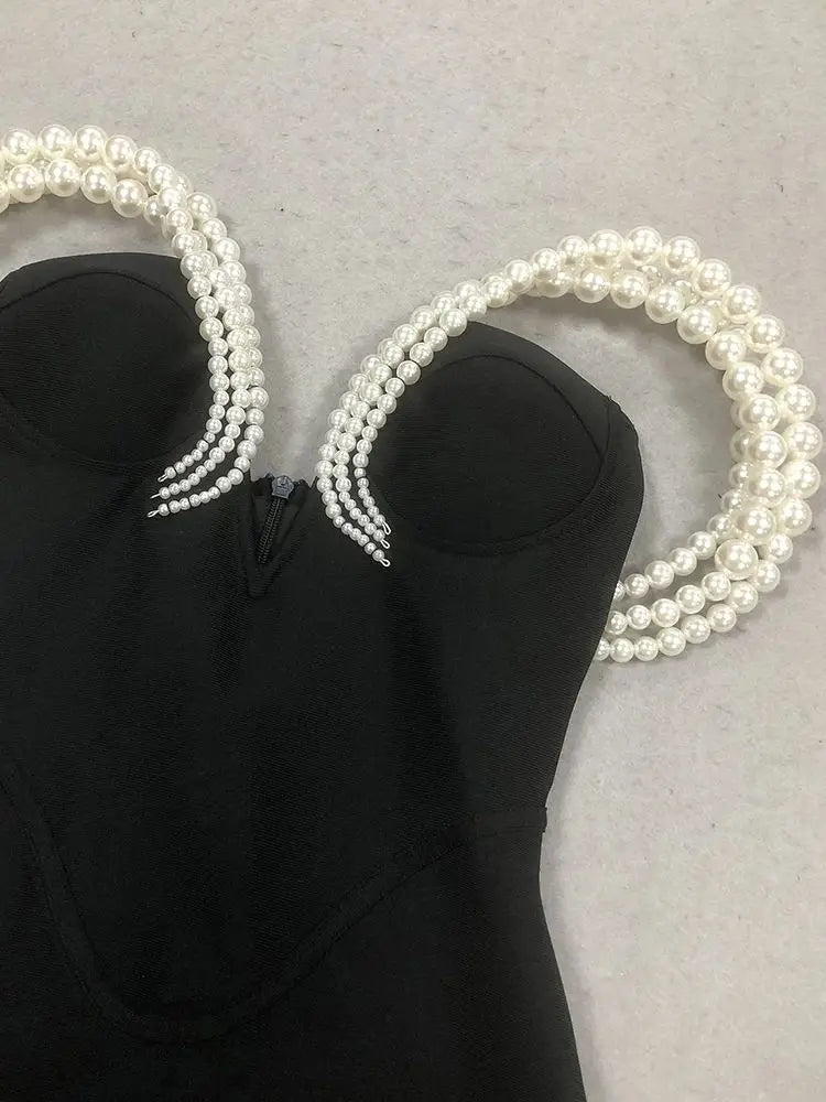 Women Sexy Black Pearl bead Maxi Long Bodycon Bandage Dress 2025 Celebrity Elegant Evening Club Party Luxury Birthday Gowns