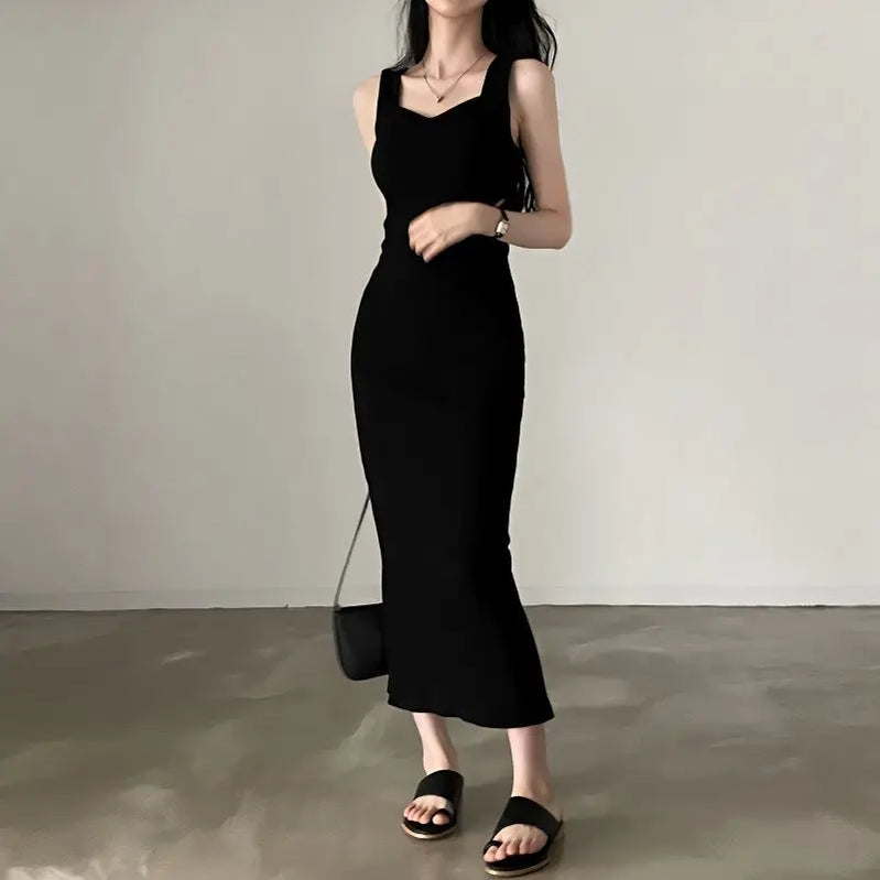 Temperament Square Neck Long Dress for Women Sexy Solid Screw Thread Sleeveless Split Dresses Slim Pullover Office Lady Vestidos black dress