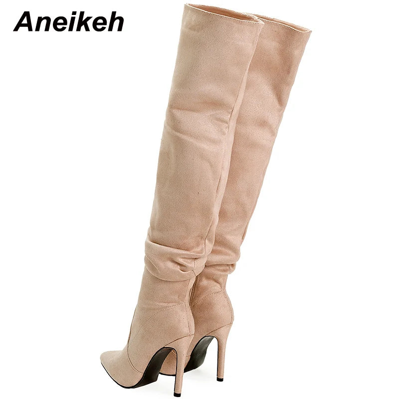Women's Fashion Trend Pointed Toe Thin Heel Over Knee Boots Spring/Autumn Flock Splicing Side Zipper Chelsea Boots