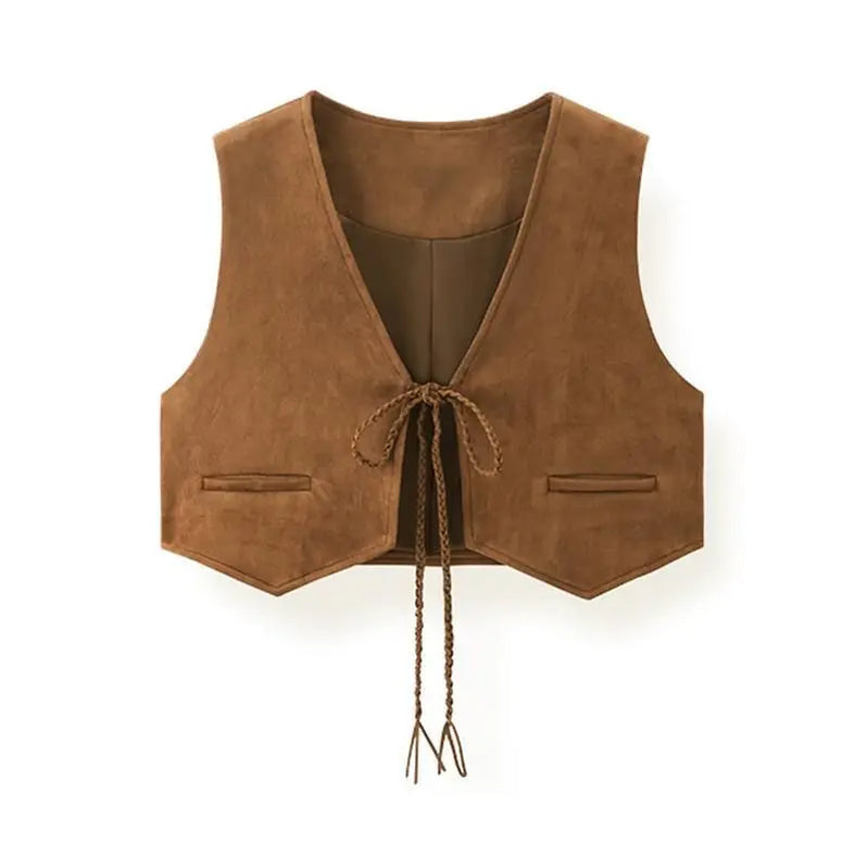 Womens Faux Suede Sleeveless Laceup Waistcoat Vest brown