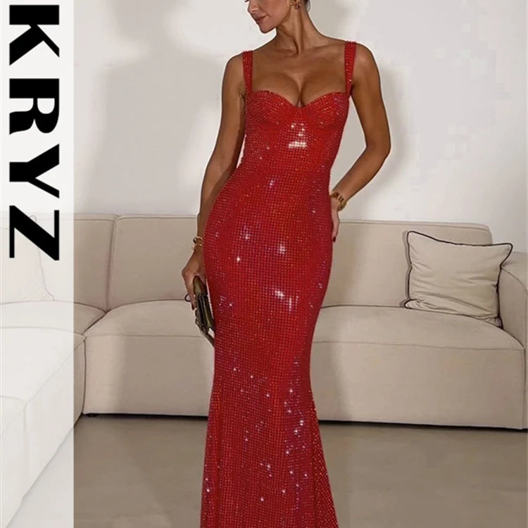 Ladies Sequins Sling Low Cut Evening Dress Women Sleeveless Backless Tight Fitting Maxi Dresses Female Evening Party Outfits