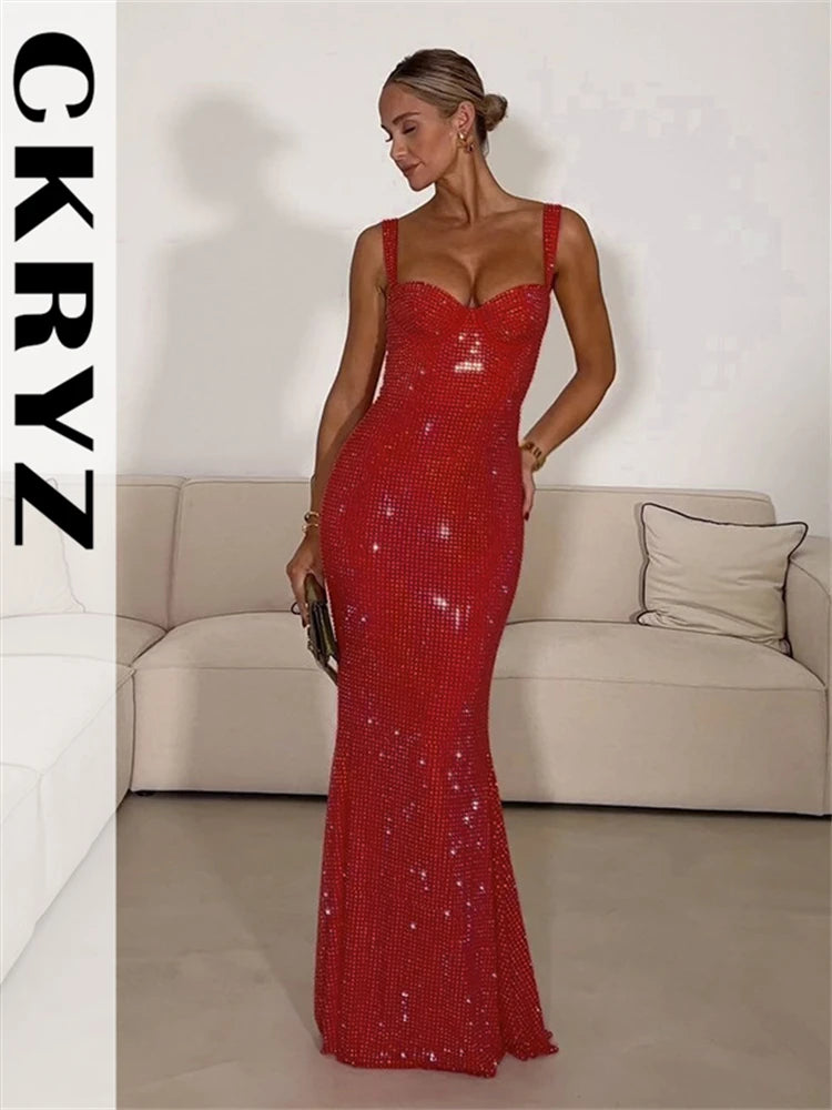 Ladies Sequins Sling Low Cut Evening Dress Women Sleeveless Backless Tight Fitting Maxi Dresses Female Evening Party Outfits