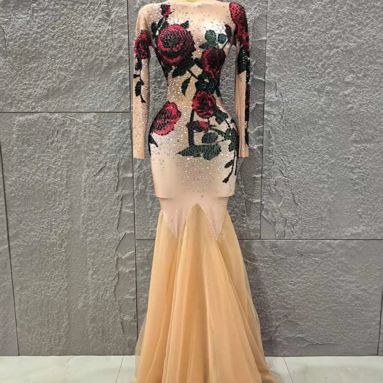 Women Long Sleeve High Stretch Shinning Rhinestones Bodycon Long Maxi Dress Celebrate Evenign Party Bar Singer Stage Wear
