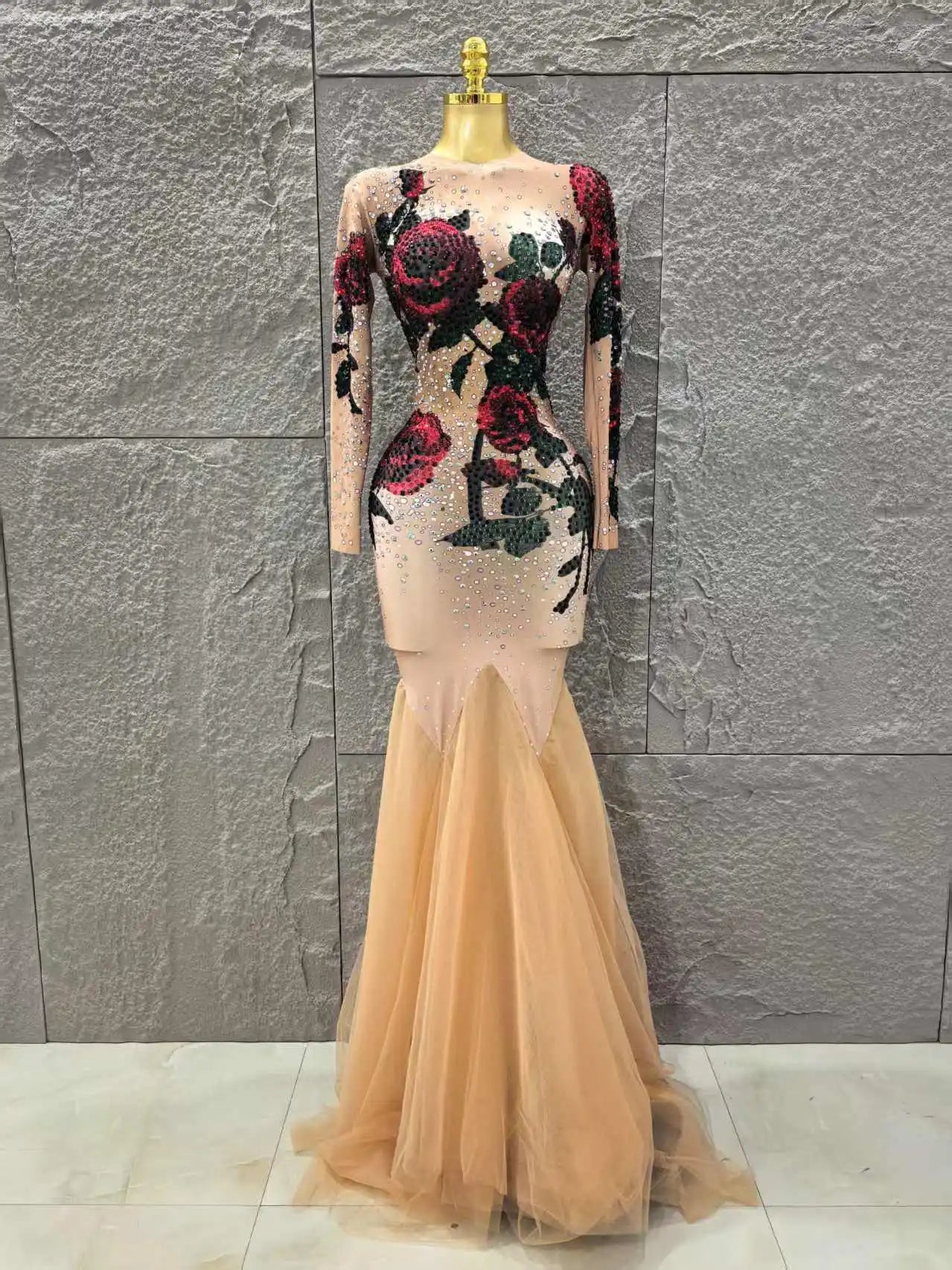 Women Long Sleeve High Stretch Shinning Rhinestones Bodycon Long Maxi Dress Celebrate Evenign Party Bar Singer Stage Wear