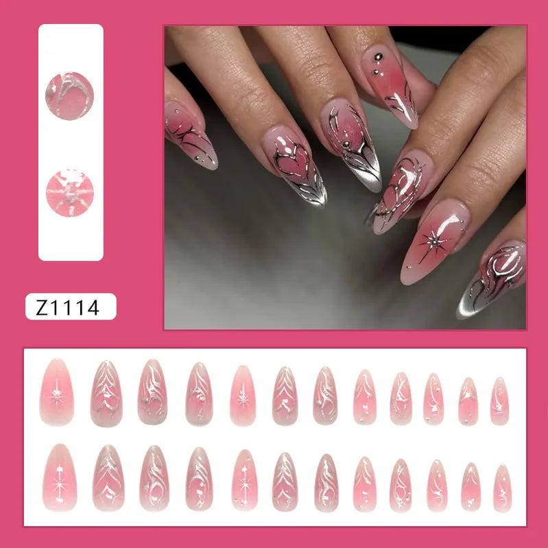 24pcs Ins Almond Press on Nails Gothic Sliver Metal Line y2k Fake Nails Detachable Wearable Sweet Cool Spicy Girl False Nails