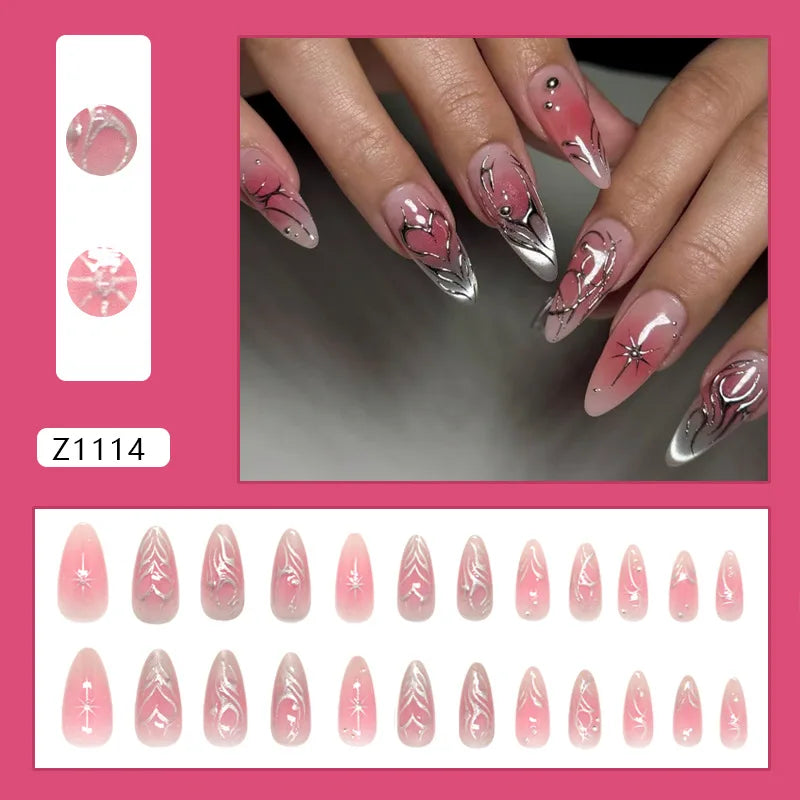 24pcs Ins Almond Press on Nails Gothic Sliver Metal Line y2k Fake Nails Detachable Wearable Sweet Cool Spicy Girl False Nails