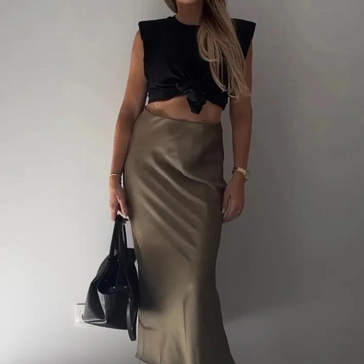 HH TRAF Women's Midi Skirt High Waisted Solid Sexy Satin Dress Tight Chic Elegant Women Mermaid Long Skirt Casual Bodycon Skirt