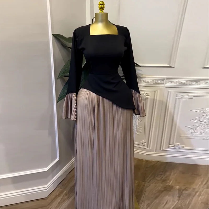 CM.YAYA Women Patchwork Flare Long Sleeve U-collar Pleated Big Swing Maxi Long Dress 2025 Birthday Sexy Club Party Even Dresses Black