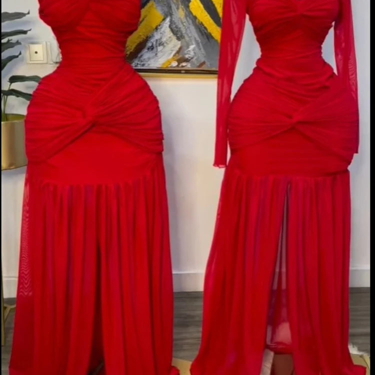 CM.YAYA Women Stacked Ruched Draped High Split Pleated Maxi Long Bodycon Dress 2025 Holiday Birthday Club Party Evening Dresses