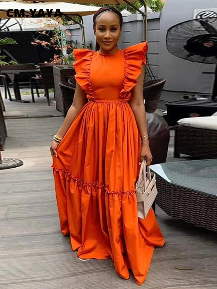 CM.YAYA 2024 Summer Ruffles Short Sleeve Sweet Cute O-Neck Floor-Length Long Women Dress Beach Streetwear Big Swing Maxi Dresses