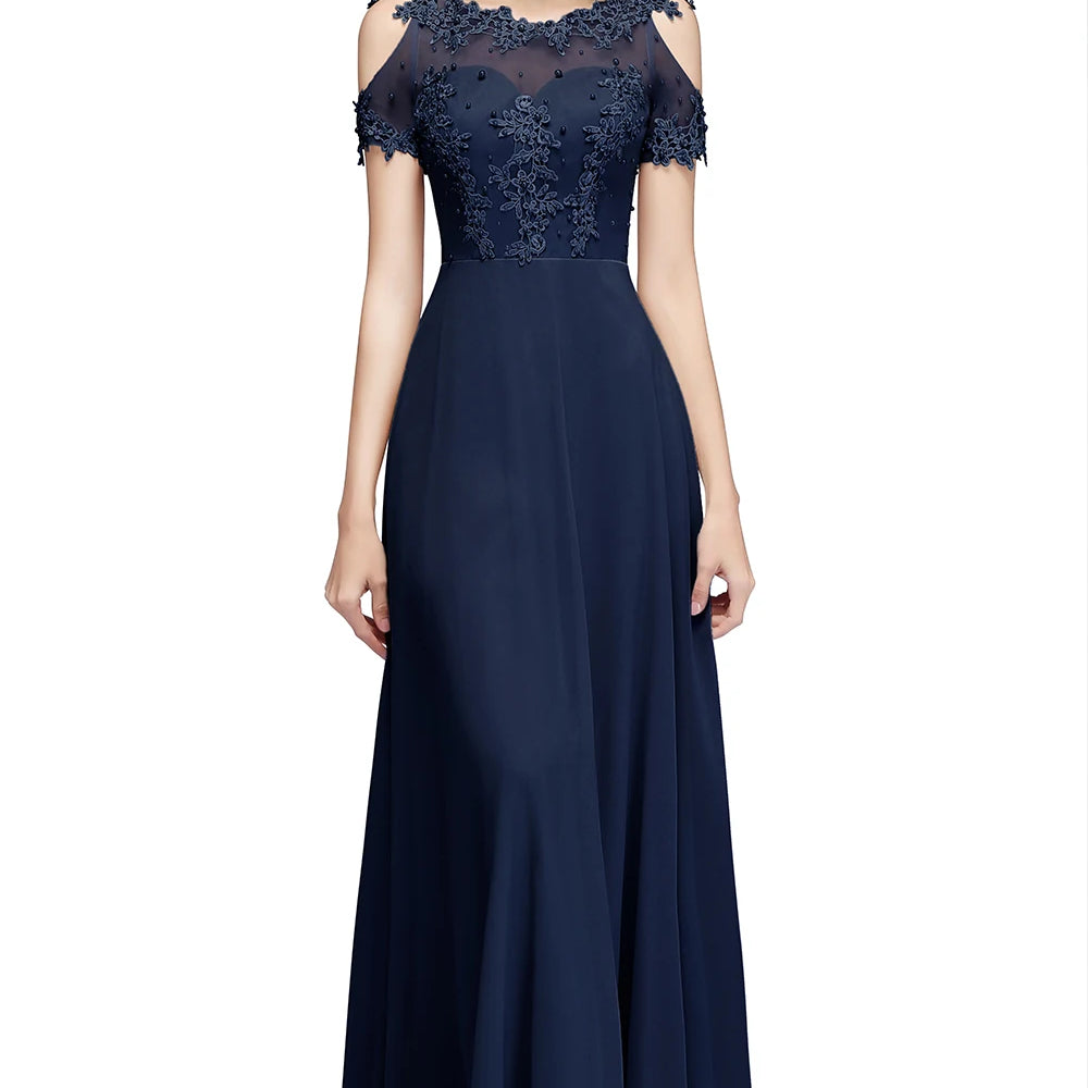 Bridesmaid Dress Pearl Beads Illusion Short Sleeve Boho Formal Party Guest Gowns Chiffon A Line Dresses Women