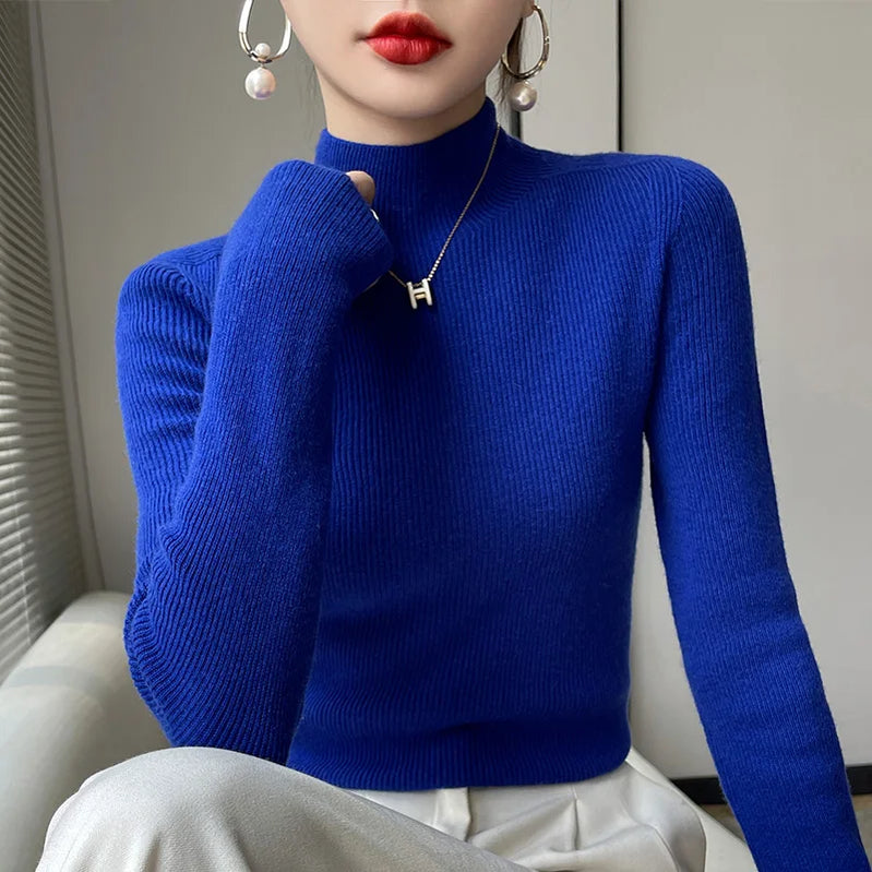 2022 Autumn and Winter Women's Cashmere Sweater Pullover Half Turtleneck Casual Fashion Pure Color High Quality Warmth Comfort Klein blue