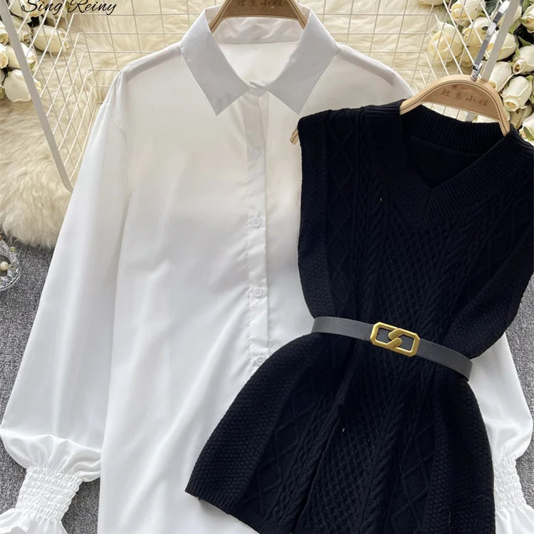 Office Lady Knitted Sweater Warm Thick Knit Vest+Single Breasted Lantern Sleeve Blouse Women Pullover Shirt Suits black One Size