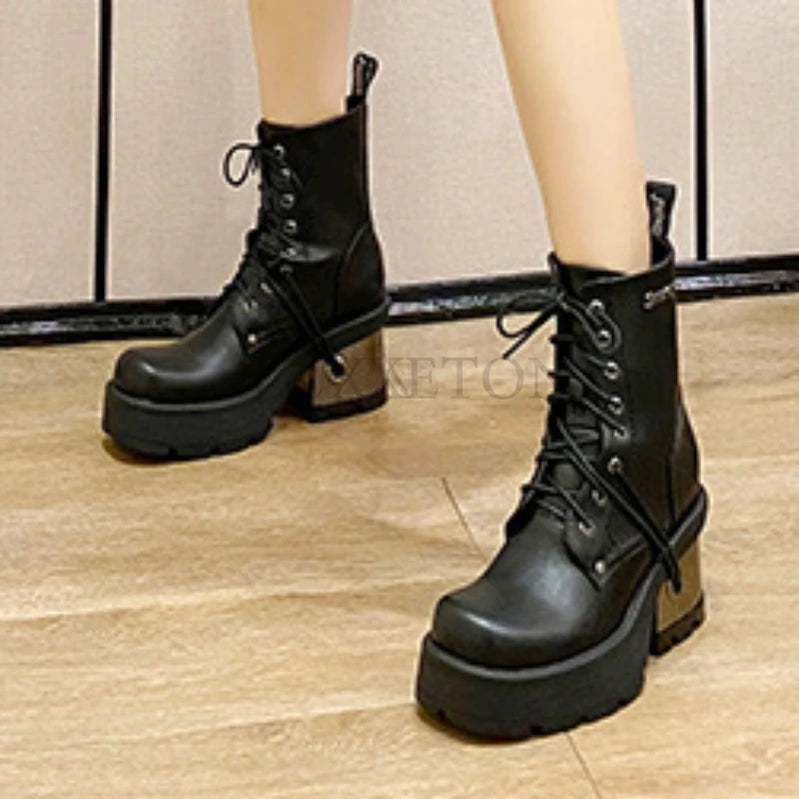Fashion Women Boots Heavy Metal Platform and High Top Shoes for Women Punk Leather Goth Dark Biker Boots