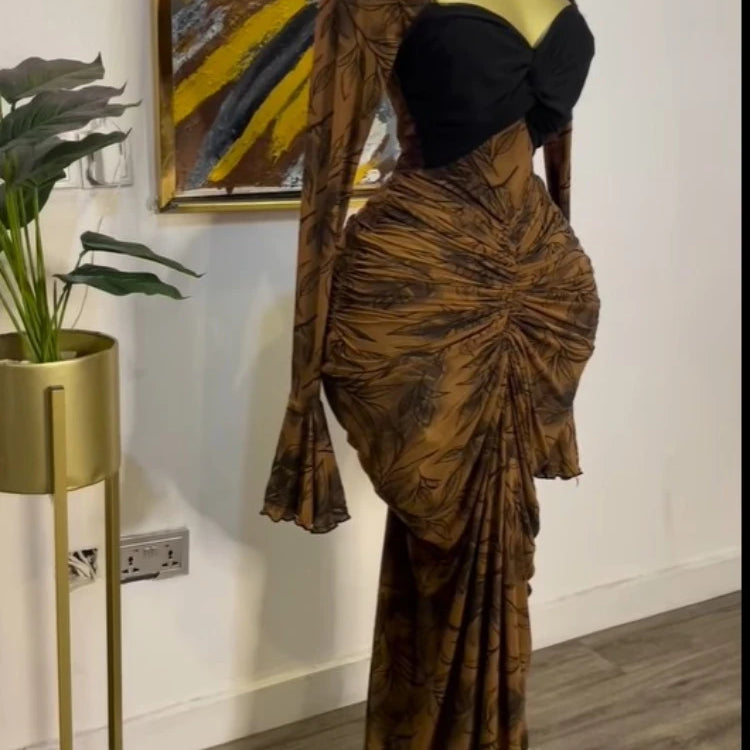 CM.YAYA Women Leaf Printed Stacked Ruched Draped V-neck Maxi Long Bodycon Dress 2025 Holiday Birthday Club Party Evening Dresses