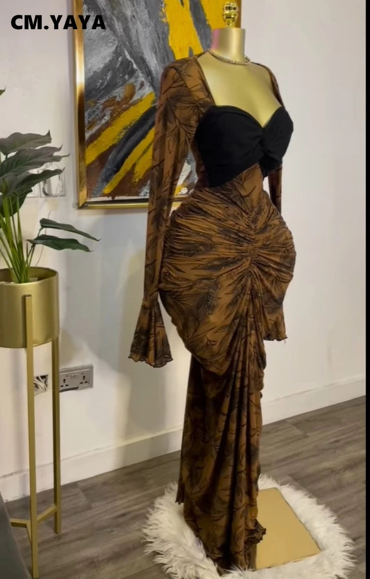 CM.YAYA Women Leaf Printed Stacked Ruched Draped V-neck Maxi Long Bodycon Dress 2025 Holiday Birthday Club Party Evening Dresses