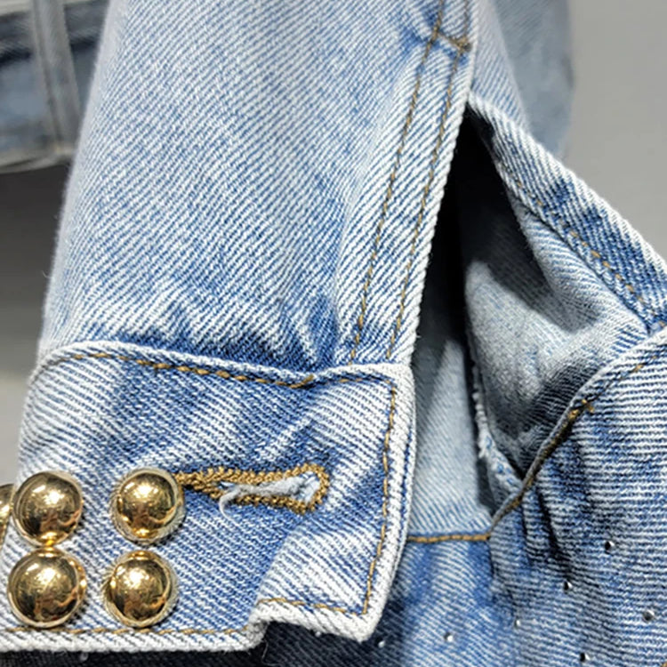 Women's Denim Coat Colored Embroidered Flares Rivet Long Sleeve Belt Waist Short Jackets Autumn New Fashion