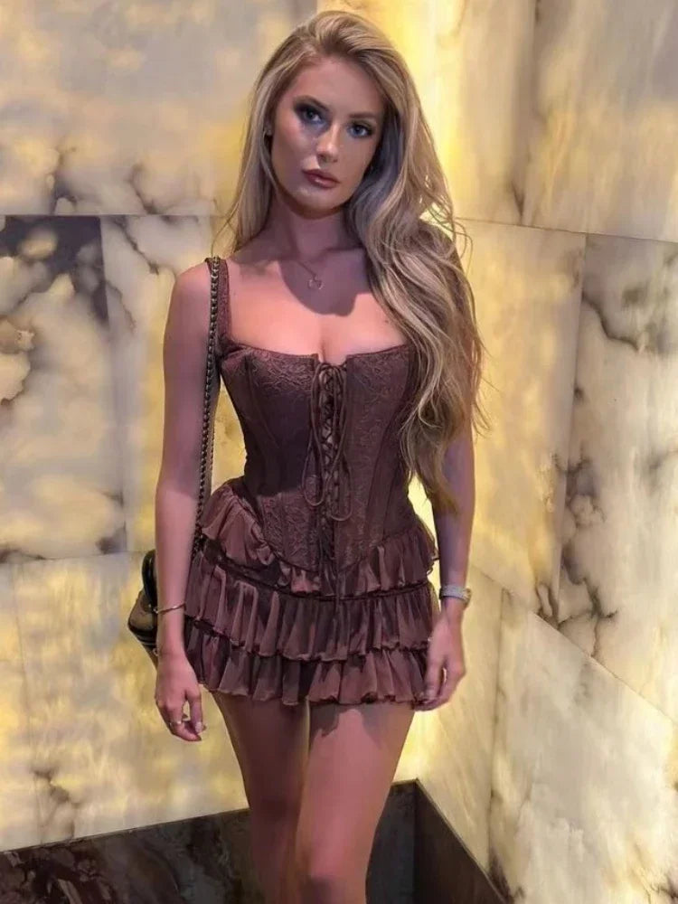 Autumn and Winter New Women's Clothing Brown Fish Bone Strap Top Cake Half Skirt Set Skirt