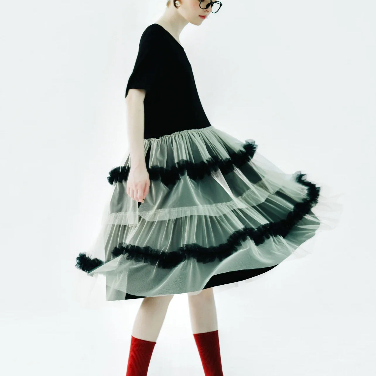 IMAKOKONI Original Design Black Short Sleeve Dress Mesh Splice Casual Loose Fit Dress 234147