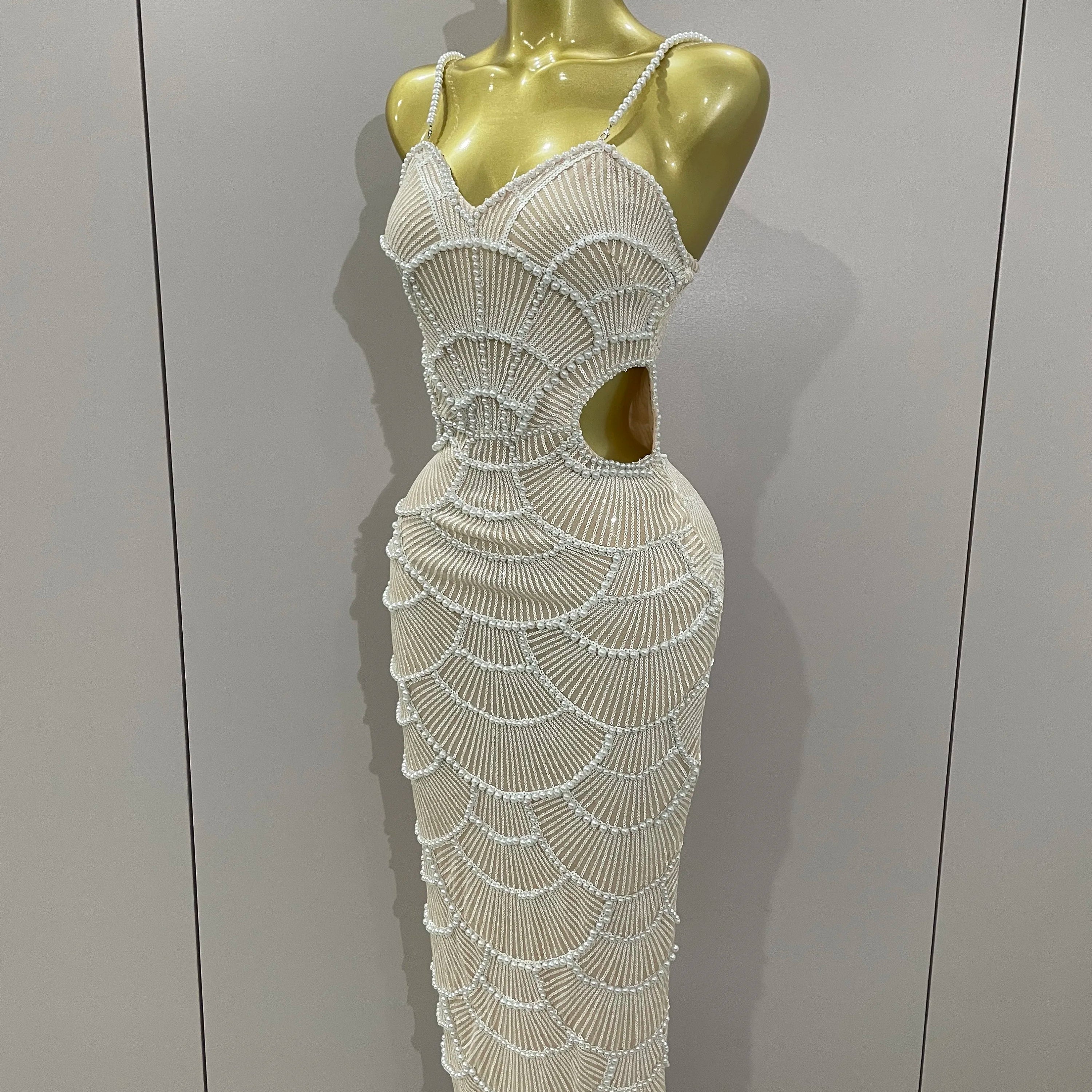 Women Hot Sale Sleeveless Sexy Strap Pearl Beading Sequins Bodycon Long Dress Celebrate Evening Party Birthday Outfit Vestido