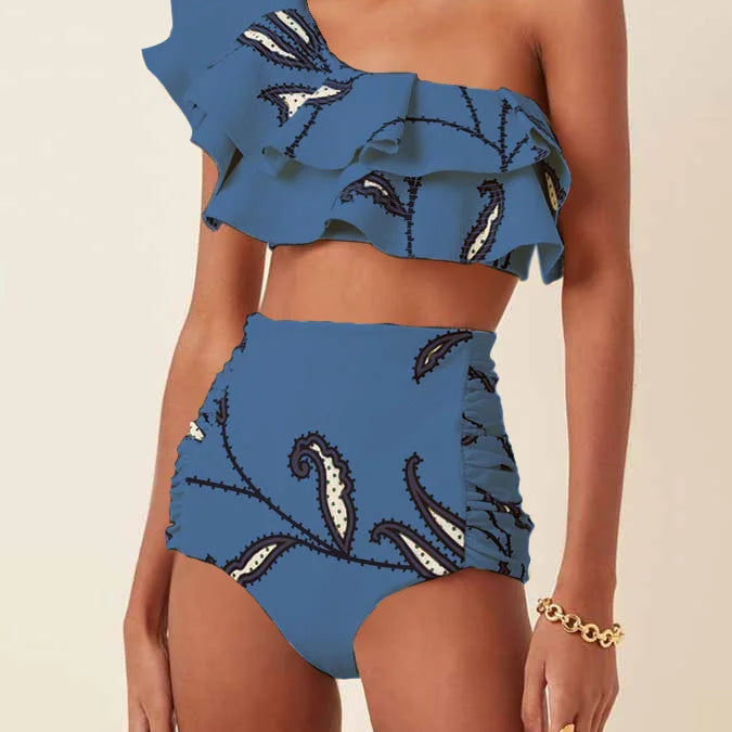 Women's Printed Ruffle Swimsuit Fashion One Shoulder Slash Breasted Bikini Two Piece High Waisted Tummy Tuck Beachwear 2023 New Sky blue