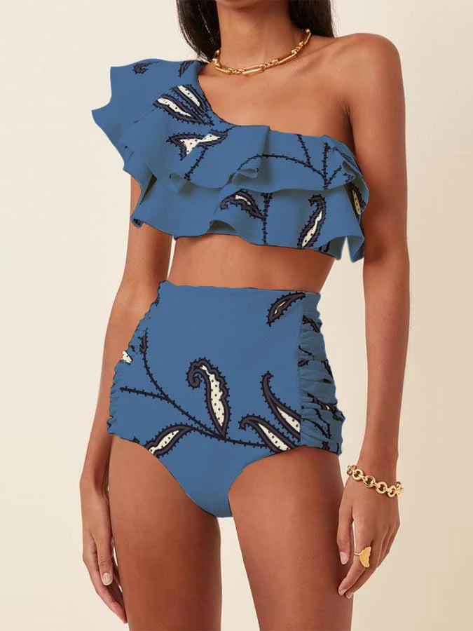Women's Printed Ruffle Swimsuit Fashion One Shoulder Slash Breasted Bikini Two Piece High Waisted Tummy Tuck Beachwear 2023 New Sky blue