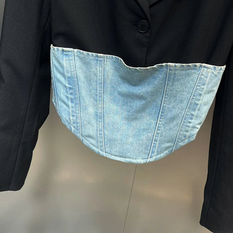 Color Patchwork Belt Casual Blazer For Women Notched Collar Long Sleeve Tunic Temperament Blazers Female Fashion Style