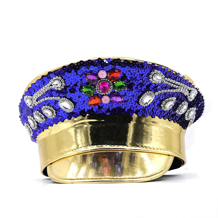 Women Gold Sequin Burning Bride Military Hat Luxury Bridal Captain Sergeant Hat Octagonal Rhinestone Festival Birthday Part Hat