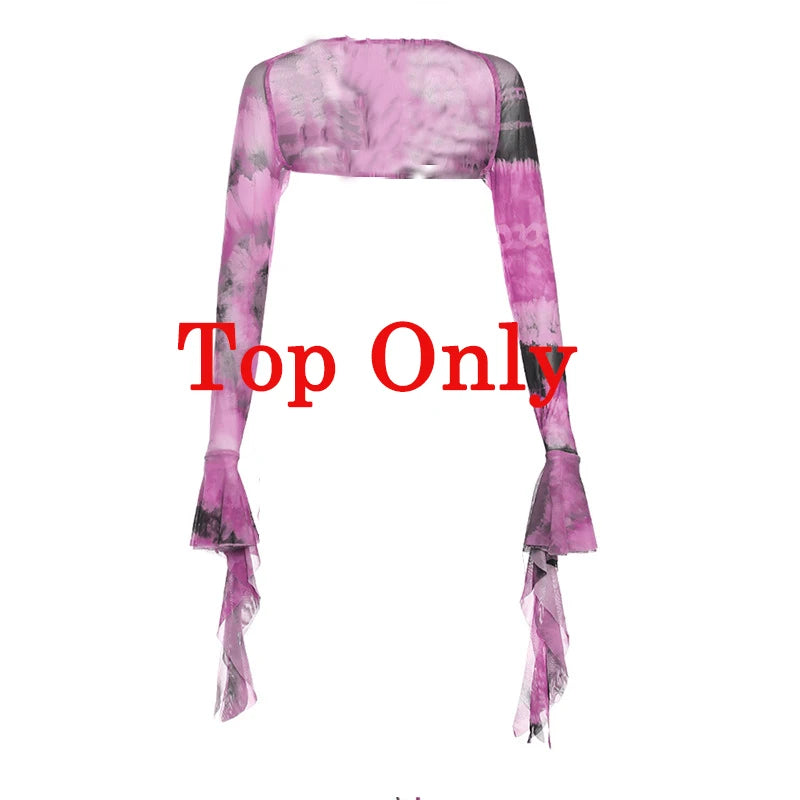 Zenaide Fall Mesh Butterfly Women 3 Piece Set Bandage Cami+Irregular Skirt+Fairy Festival Crop Top Tie Dye Rave Party Outfit Y2K Purple Top Only