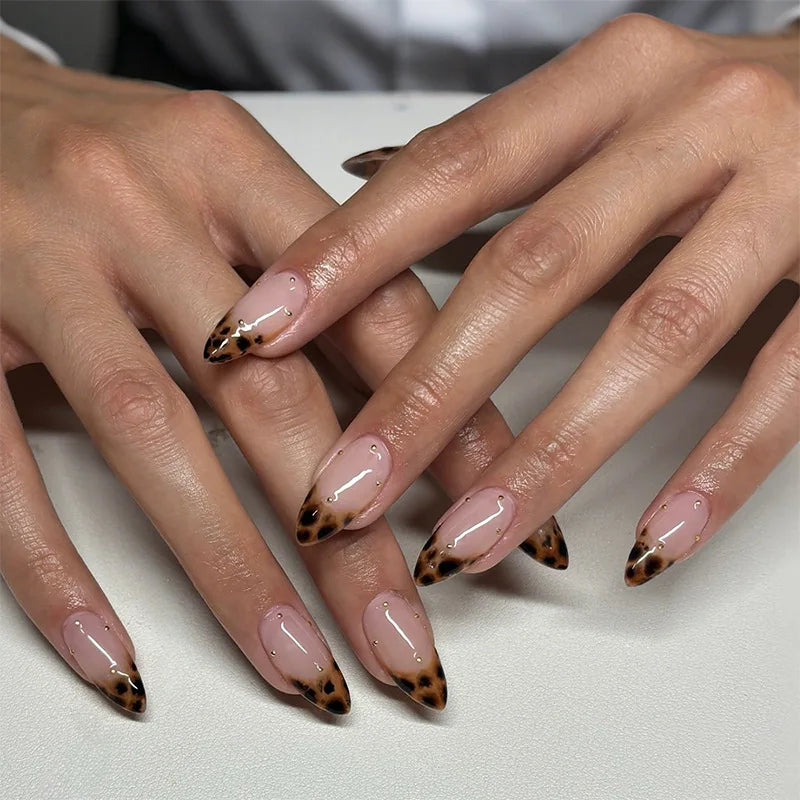 24pcs Leopard Print French Fake Nails Tips Simple Fashion Long Almond Press on Nails Sets Reusable with Jelly Glue False Nail