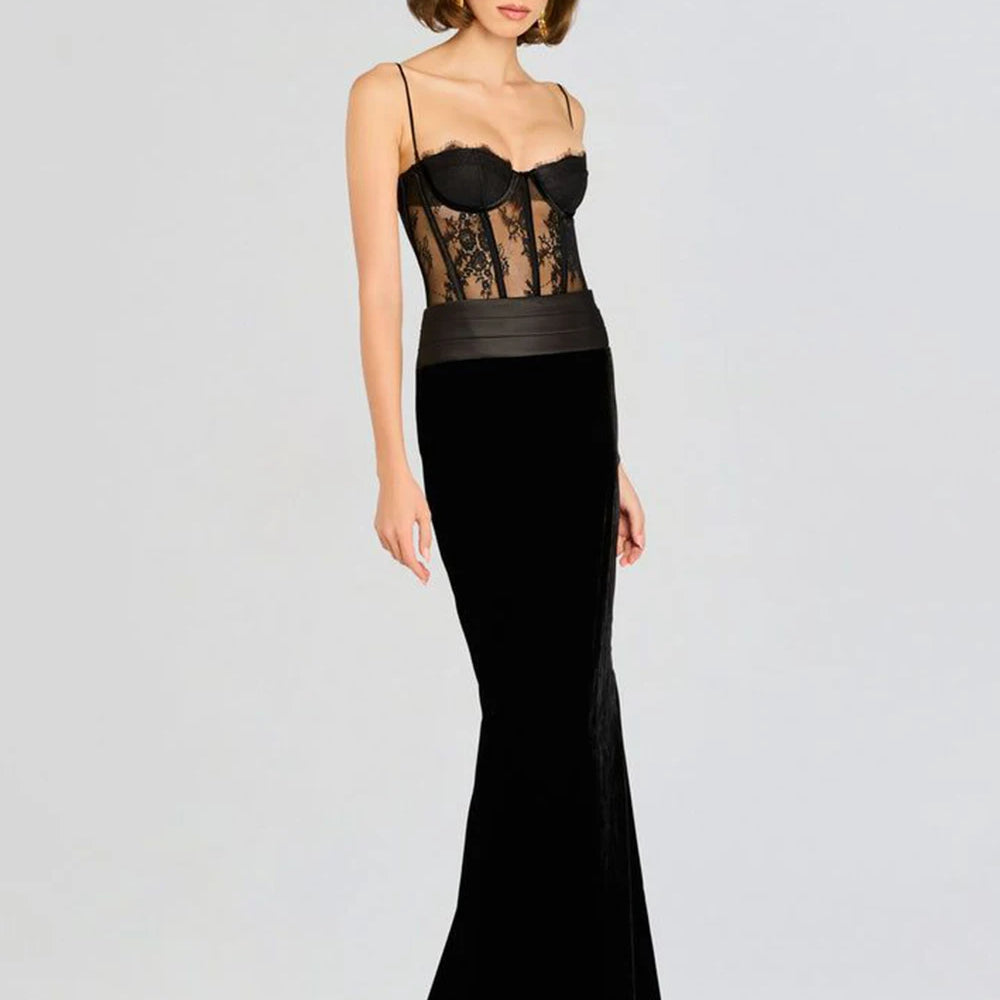 High Quality Women'S Sling Velvet Long Dress Sexy See Through Lace Slim Fishbone Dress Elegant Celebrity Evening Party Gowns