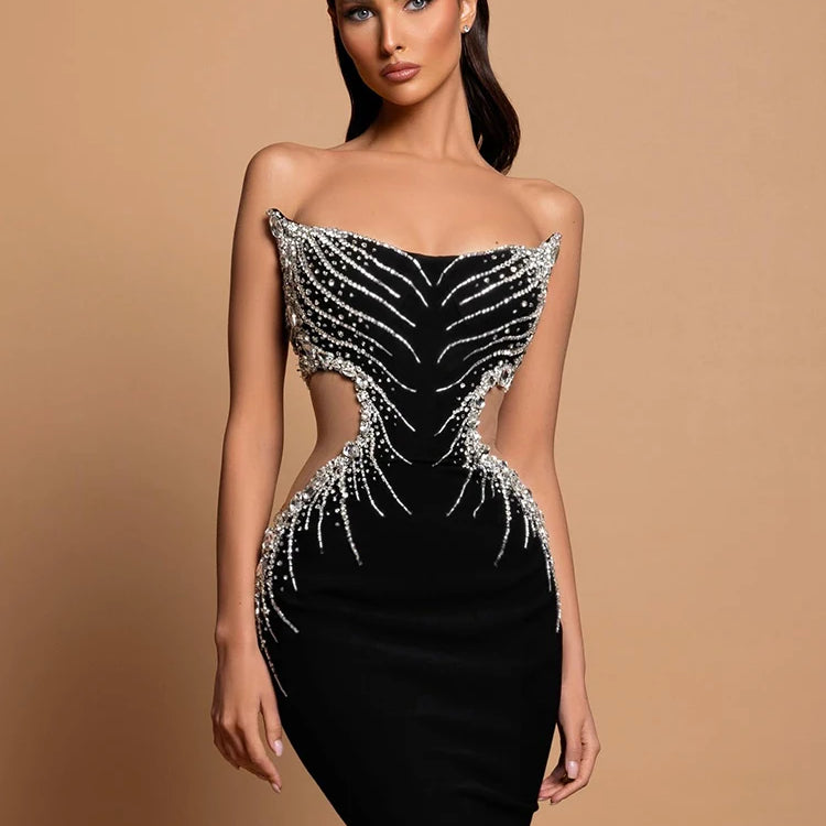 VC Strapless Crystal Black Maxi Long Gown Sparkling Diamond Hollow Tight Elegant Celebrity Party Evening Dress
