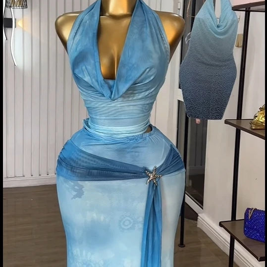 CM.YAYA Women Tie Dye Printed Halter Pile Neck Crop Top and Bodycon Midi Maxi Long Skirt Suit 2025 Summer Two 2Piece Set Outfits