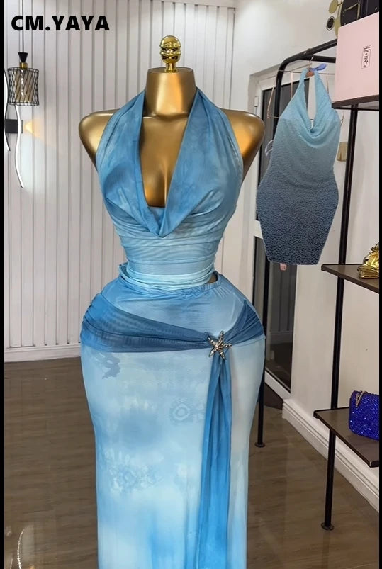 CM.YAYA Women Tie Dye Printed Halter Pile Neck Crop Top and Bodycon Midi Maxi Long Skirt Suit 2025 Summer Two 2Piece Set Outfits